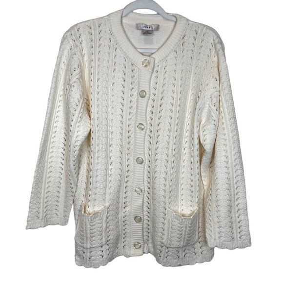 Jenny Cardigan Sweater Cable Knit Pointelle Button Front Cottagecore Cream 1X - Picture 11 of 11